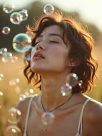 man blowing bubbles. all around her are floating bubbles. many bubbles floating. the bubbles reflect her face. she stands in a sunlit field.