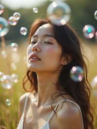 man blowing bubbles. all around her are floating bubbles. many bubbles floating. the bubbles reflect her face. she stands in a sunlit field.