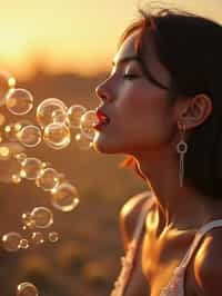 man blowing bubbles. all around her are floating bubbles. many bubbles floating. the bubbles reflect her face. it is golden hour at sunset.