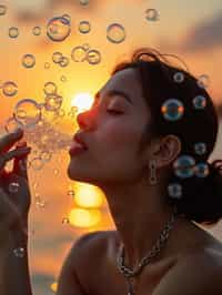 man blowing bubbles. all around her are floating bubbles. many bubbles floating. the bubbles reflect her face. it is golden hour at sunset.