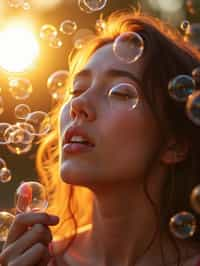 man blowing bubbles. all around her are floating bubbles. many bubbles floating. the bubbles reflect her face. it is golden hour at sunset.