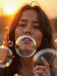 man blowing bubbles. all around her are floating bubbles. many bubbles floating. the bubbles reflect her face. it is golden hour at sunset.