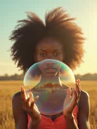 woman holding a giant soap bubble in a sunlit field