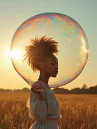 woman holding a giant soap bubble in a sunlit field