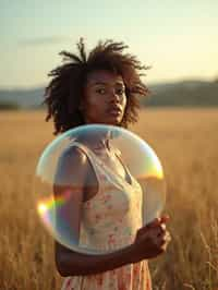 woman holding a giant soap bubble in a sunlit field