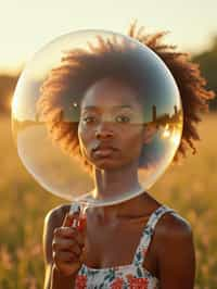 woman holding a giant soap bubble in a sunlit field