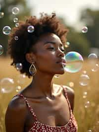 woman blowing bubbles. all around her are floating bubbles. many bubbles floating. the bubbles reflect her face. she stands in a sunlit field.