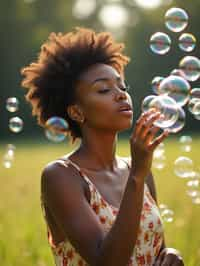 woman blowing bubbles. all around her are floating bubbles. many bubbles floating. the bubbles reflect her face. she stands in a sunlit field.