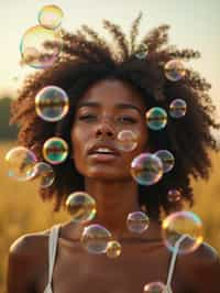 woman blowing bubbles. all around her are floating bubbles. many bubbles floating. the bubbles reflect her face. she stands in a sunlit field.