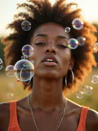 woman blowing bubbles. all around her are floating bubbles. many bubbles floating. the bubbles reflect her face. she stands in a sunlit field.