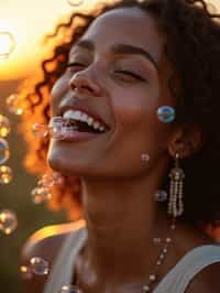 woman blowing bubbles. all around her are floating bubbles. many bubbles floating. the bubbles reflect her face. it is golden hour at sunset.