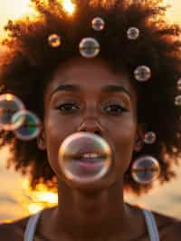 woman blowing bubbles. all around her are floating bubbles. many bubbles floating. the bubbles reflect her face. it is golden hour at sunset.