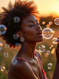 woman blowing bubbles. all around her are floating bubbles. many bubbles floating. the bubbles reflect her face. it is golden hour at sunset.