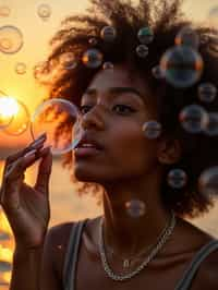 woman blowing bubbles. all around her are floating bubbles. many bubbles floating. the bubbles reflect her face. it is golden hour at sunset.