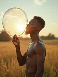 man holding a giant soap bubble in a sunlit field