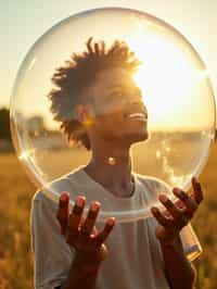 man holding a giant soap bubble in a sunlit field