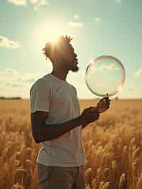 man holding a giant soap bubble in a sunlit field