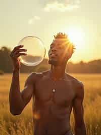 man holding a giant soap bubble in a sunlit field