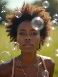 man blowing bubbles. all around her are floating bubbles. many bubbles floating. the bubbles reflect her face. she stands in a sunlit field.