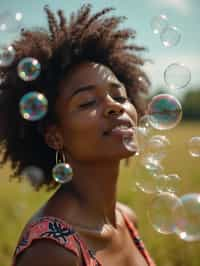 man blowing bubbles. all around her are floating bubbles. many bubbles floating. the bubbles reflect her face. she stands in a sunlit field.