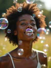 man blowing bubbles. all around her are floating bubbles. many bubbles floating. the bubbles reflect her face. she stands in a sunlit field.