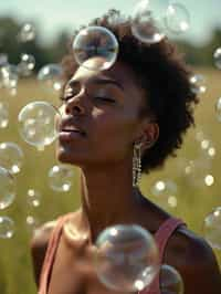 man blowing bubbles. all around her are floating bubbles. many bubbles floating. the bubbles reflect her face. she stands in a sunlit field.