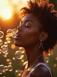 man blowing bubbles. all around her are floating bubbles. many bubbles floating. the bubbles reflect her face. it is golden hour at sunset.