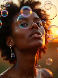 man blowing bubbles. all around her are floating bubbles. many bubbles floating. the bubbles reflect her face. it is golden hour at sunset.