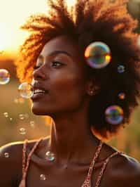 man blowing bubbles. all around her are floating bubbles. many bubbles floating. the bubbles reflect her face. it is golden hour at sunset.