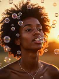 man blowing bubbles. all around her are floating bubbles. many bubbles floating. the bubbles reflect her face. it is golden hour at sunset.