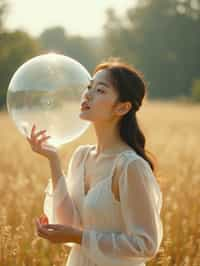 woman holding a giant soap bubble in a sunlit field