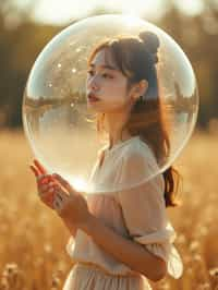 woman holding a giant soap bubble in a sunlit field