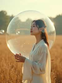 woman holding a giant soap bubble in a sunlit field