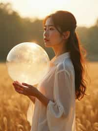 woman holding a giant soap bubble in a sunlit field