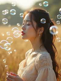 woman blowing bubbles. all around her are floating bubbles. many bubbles floating. the bubbles reflect her face. she stands in a sunlit field.