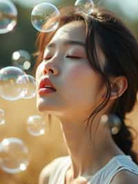 woman blowing bubbles. all around her are floating bubbles. many bubbles floating. the bubbles reflect her face. she stands in a sunlit field.