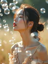 woman blowing bubbles. all around her are floating bubbles. many bubbles floating. the bubbles reflect her face. she stands in a sunlit field.