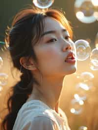 woman blowing bubbles. all around her are floating bubbles. many bubbles floating. the bubbles reflect her face. she stands in a sunlit field.