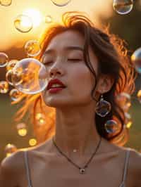 woman blowing bubbles. all around her are floating bubbles. many bubbles floating. the bubbles reflect her face. it is golden hour at sunset.