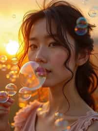 woman blowing bubbles. all around her are floating bubbles. many bubbles floating. the bubbles reflect her face. it is golden hour at sunset.