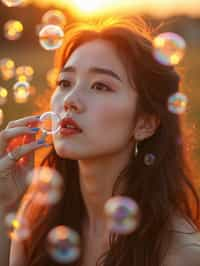 woman blowing bubbles. all around her are floating bubbles. many bubbles floating. the bubbles reflect her face. it is golden hour at sunset.