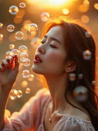 woman blowing bubbles. all around her are floating bubbles. many bubbles floating. the bubbles reflect her face. it is golden hour at sunset.