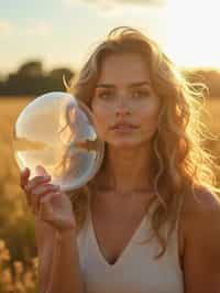 woman holding a giant soap bubble in a sunlit field