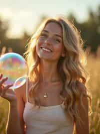 woman holding a giant soap bubble in a sunlit field