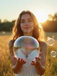 woman holding a giant soap bubble in a sunlit field