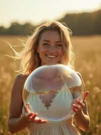 woman holding a giant soap bubble in a sunlit field