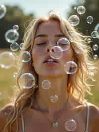 woman blowing bubbles. all around her are floating bubbles. many bubbles floating. the bubbles reflect her face. she stands in a sunlit field.