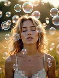 woman blowing bubbles. all around her are floating bubbles. many bubbles floating. the bubbles reflect her face. she stands in a sunlit field.