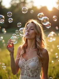 woman blowing bubbles. all around her are floating bubbles. many bubbles floating. the bubbles reflect her face. she stands in a sunlit field.