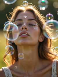 woman blowing bubbles. all around her are floating bubbles. many bubbles floating. the bubbles reflect her face. she stands in a sunlit field.